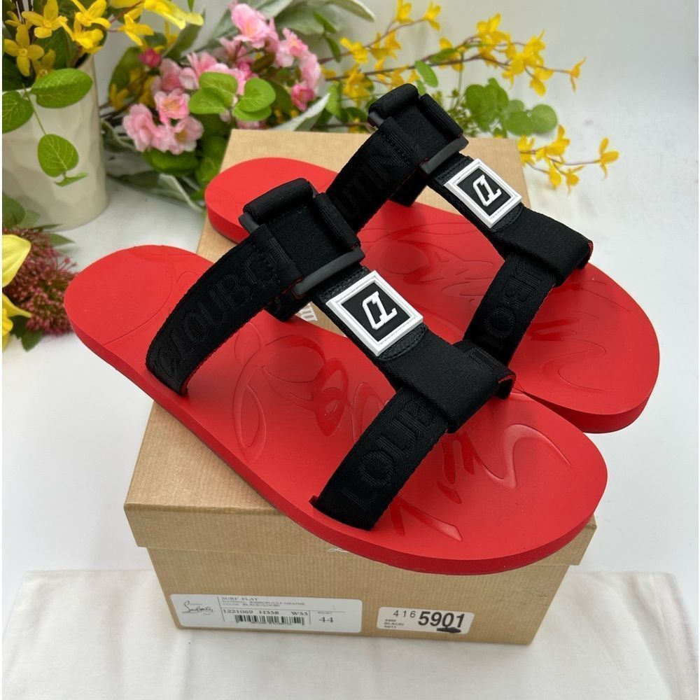 - Men’s Christian Louboutin, red sole surf  sandals, size 45 made in Italy